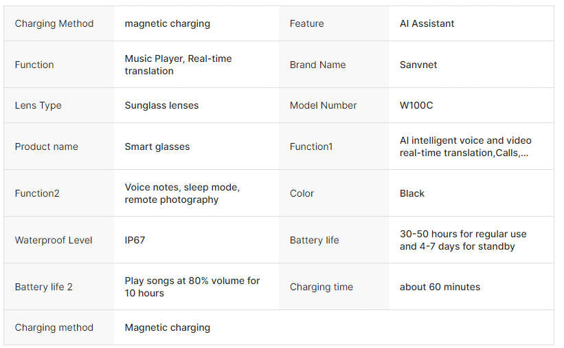 2025 Fashion W100C AI Smart Glasses BT Supports Call Music Play Outdoor Style Wearable Earphones Translation Smart Glasses