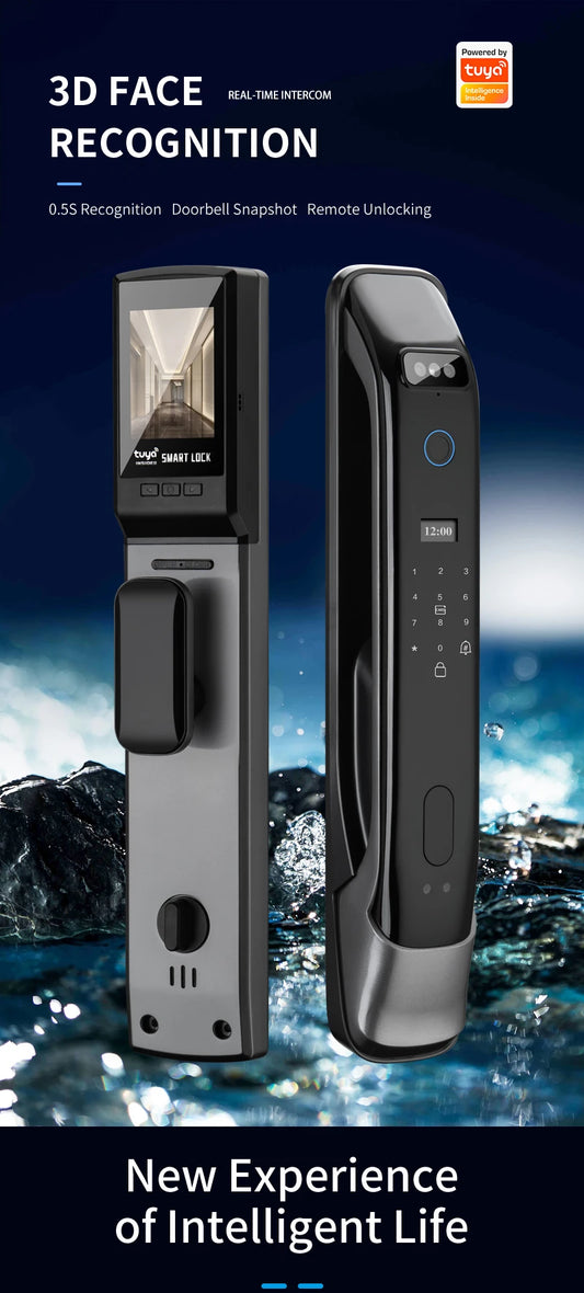 Smart door lock with 3D facial recognition Tuya WiFi remote control for secure keyless entry into digital lock