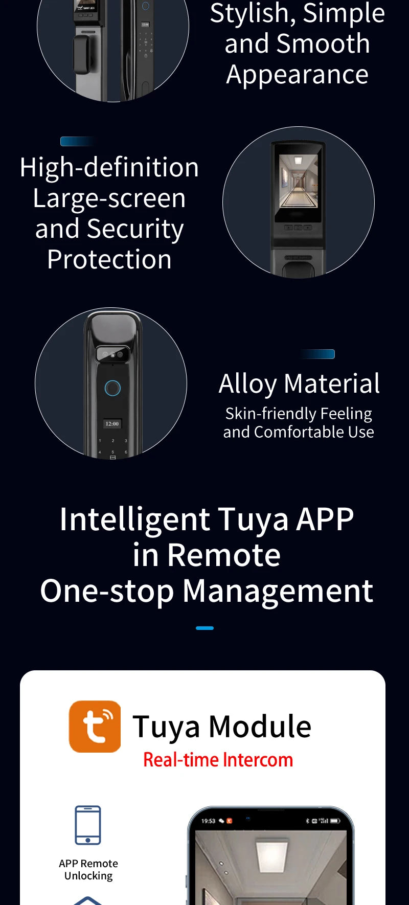 Smart door lock with 3D facial recognition Tuya WiFi remote control for secure keyless entry into digital lock