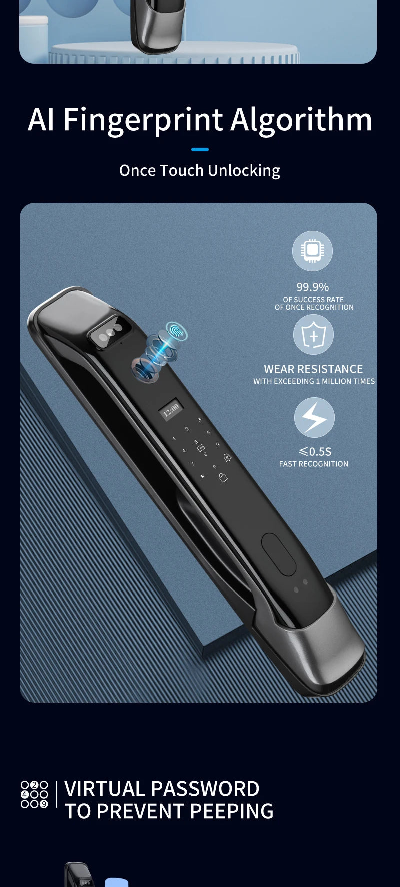 Smart door lock with 3D facial recognition Tuya WiFi remote control for secure keyless entry into digital lock