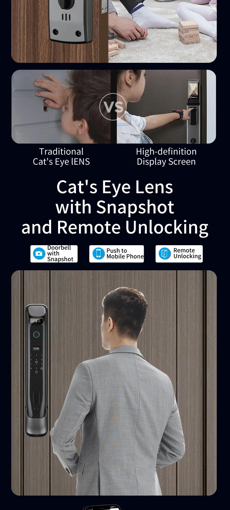 Smart door lock with 3D facial recognition Tuya WiFi remote control for secure keyless entry into digital lock