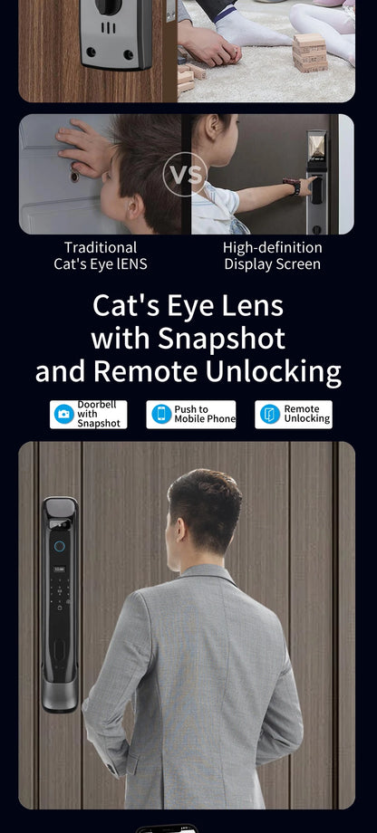 Smart door lock with 3D facial recognition Tuya WiFi remote control for secure keyless entry into digital lock