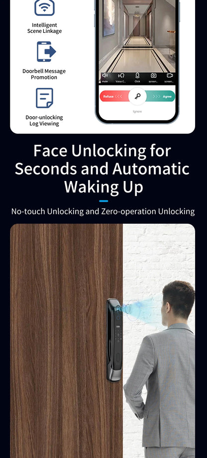 Smart door lock with 3D facial recognition Tuya WiFi remote control for secure keyless entry into digital lock