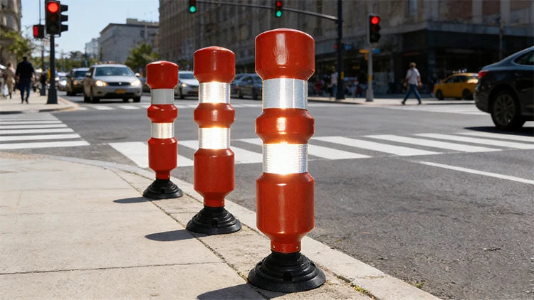 High-visibility Flexible Round Bollard premium Plastic efficient Traffic Management road Separator delineator robust &amp; Flexible absorb Impact Force Auto-rebound No Frequent Replacement no Manual Reset weather-resist