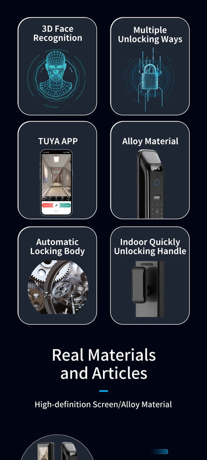Smart door lock with 3D facial recognition Tuya WiFi remote control for secure keyless entry into digital lock