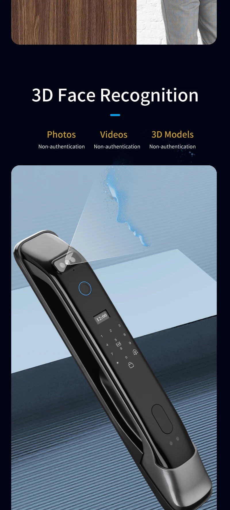 Smart door lock with 3D facial recognition Tuya WiFi remote control for secure keyless entry into digital lock