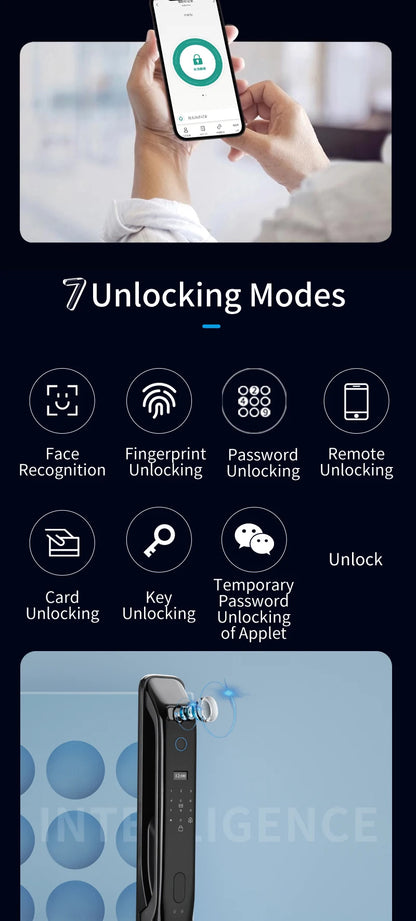 Smart door lock with 3D facial recognition Tuya WiFi remote control for secure keyless entry into digital lock